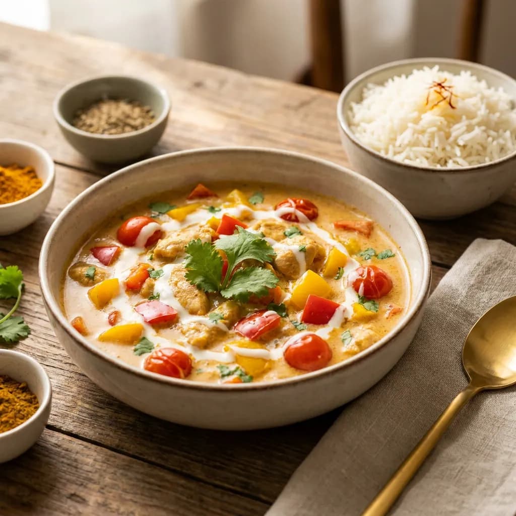 Curry doux de poulet au lait de coco et riz basmati
