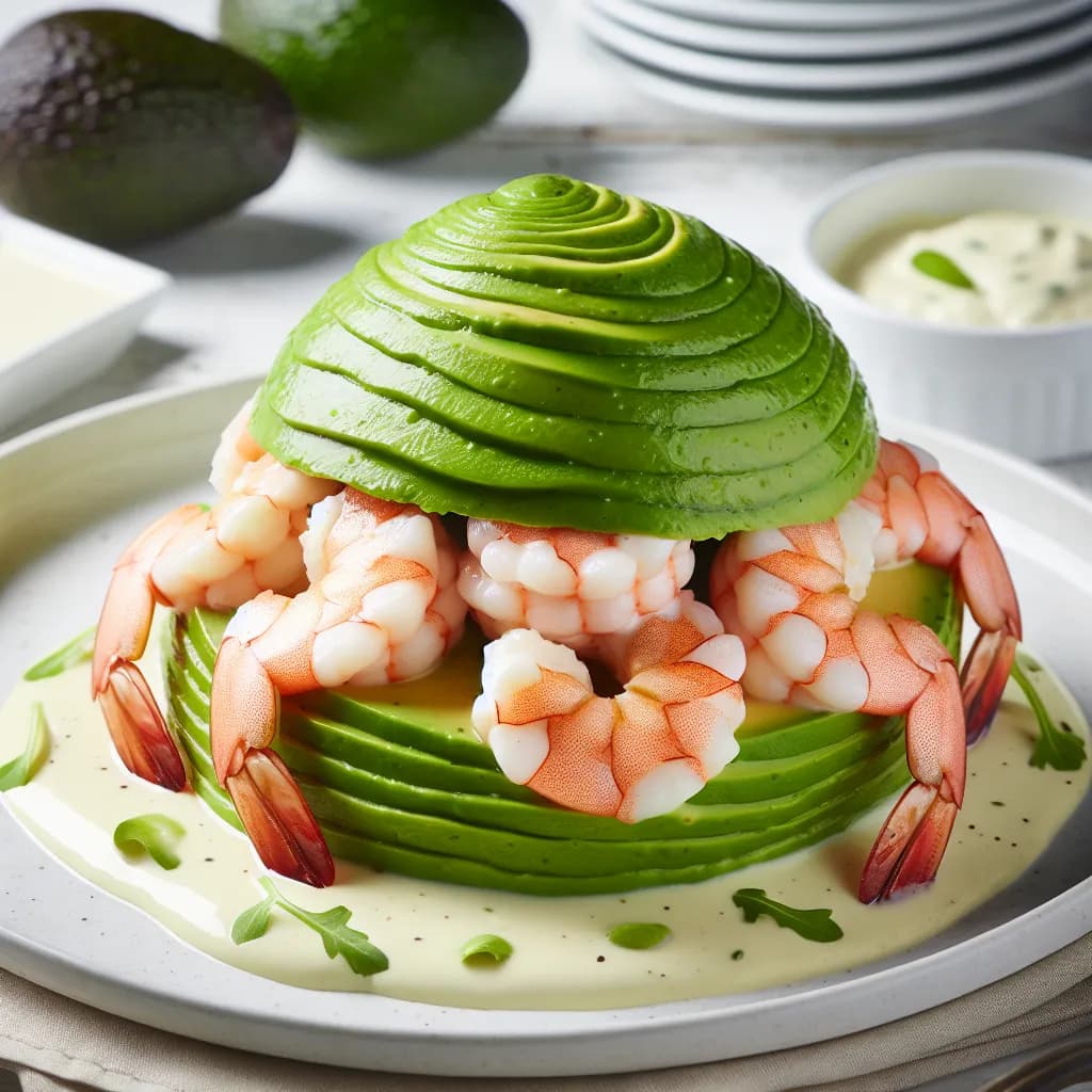 Dôme d'avocat-crevettes, sauce au fromage frais