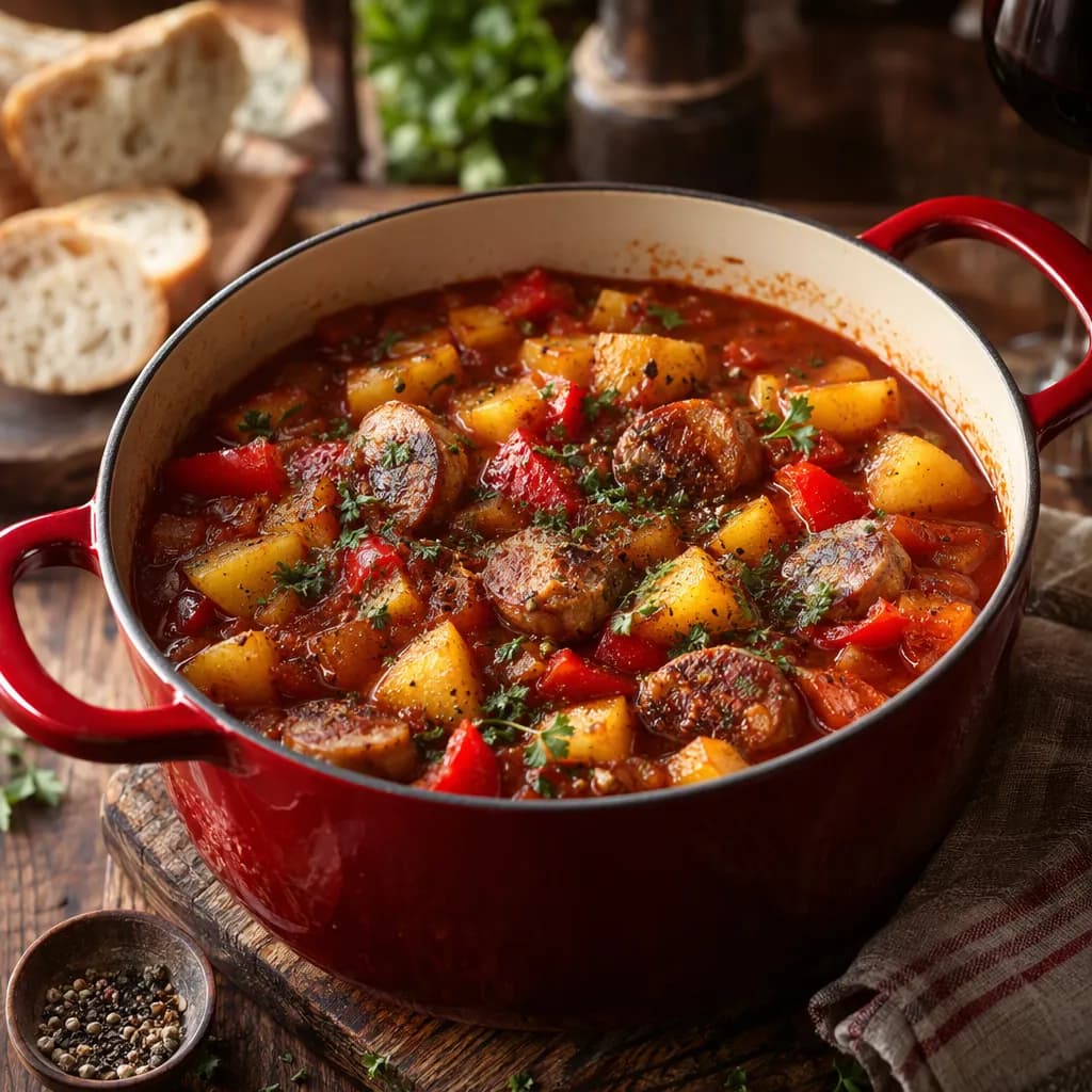 Deftiges Kartoffelgulasch mit Bratwurst