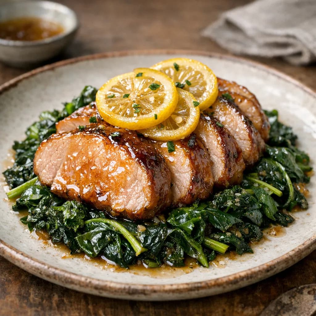 Dextrose-Glazed Pork Tenderloin with Preserved Lemon & Winter Greens