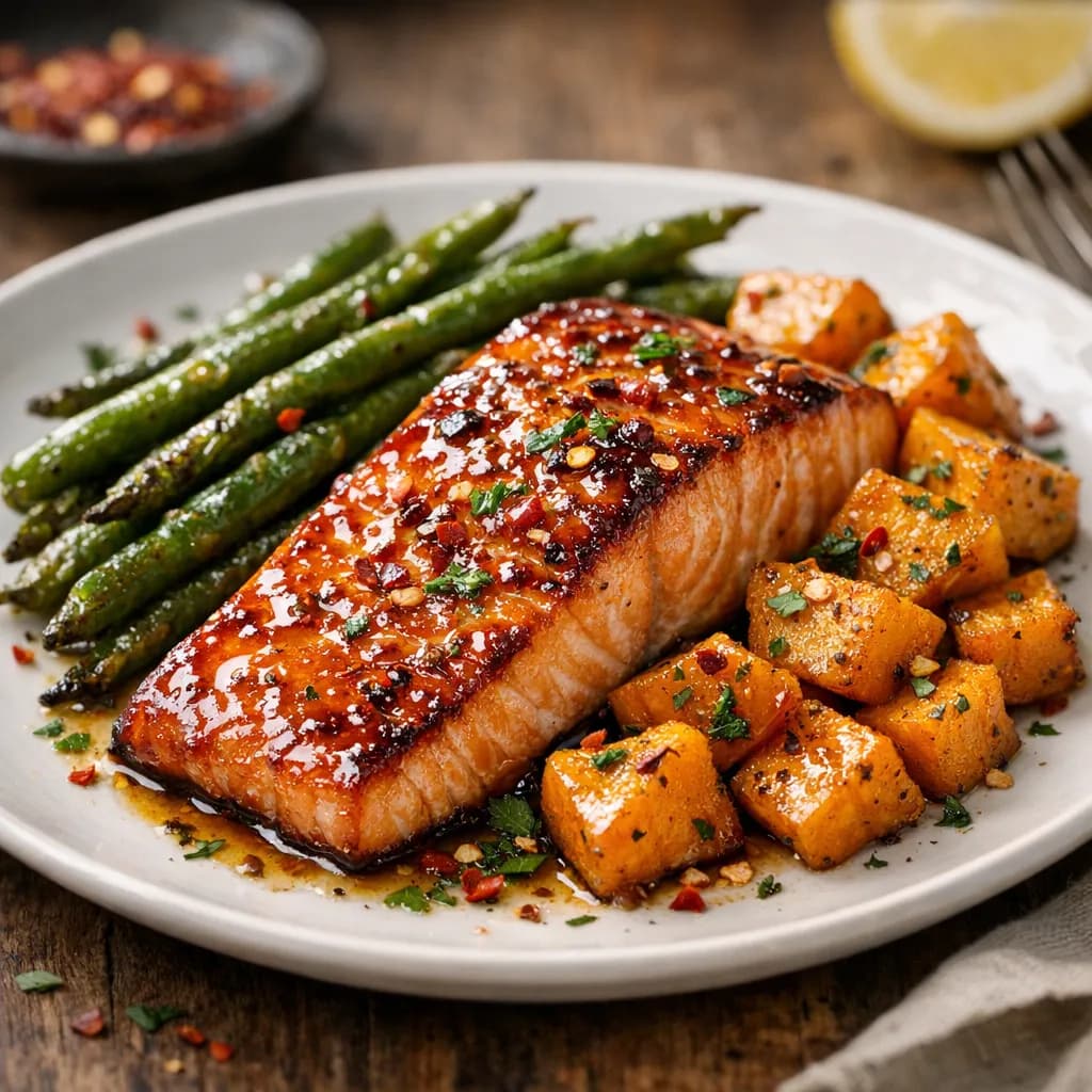 Dextrose-Glazed Salmon with Roasted Out-of-Season Veggies
