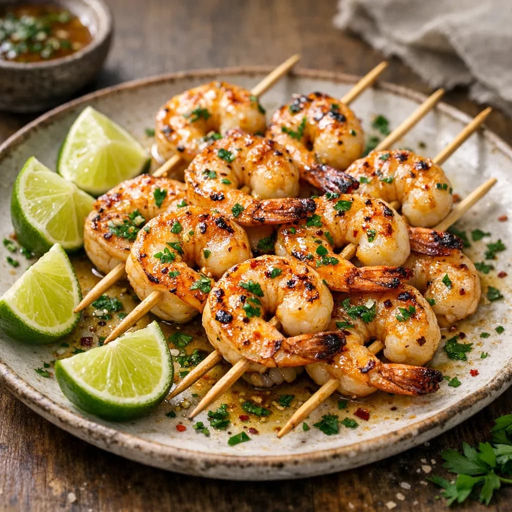 Diet Lager Marinated Grilled Shrimp Skewers