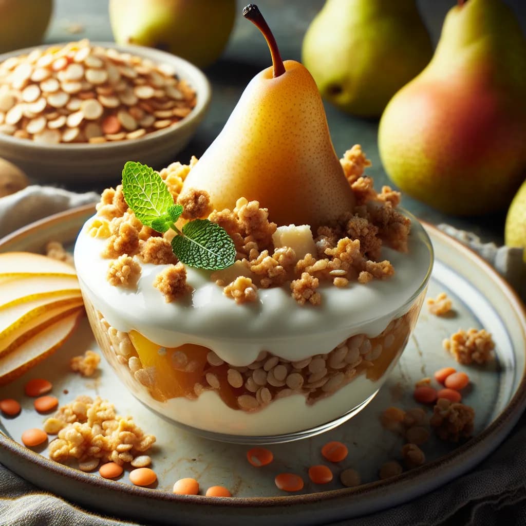 Dolce di Pere e Yogurt con Crumble di Lenticchie e Zenzero