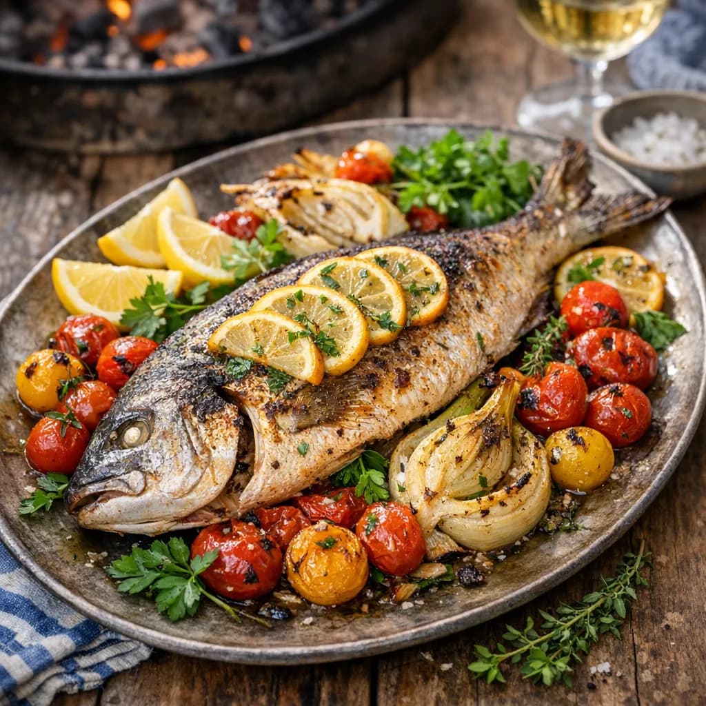 Dorade entière au four à charbon, fenouil et tomates