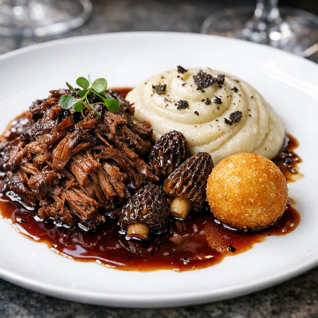 Effiloché de paleron de bœuf, mousseline de céleri-rave à la truffe noire, morilles et cromesquis de moelle, jus réduit au Pomerol