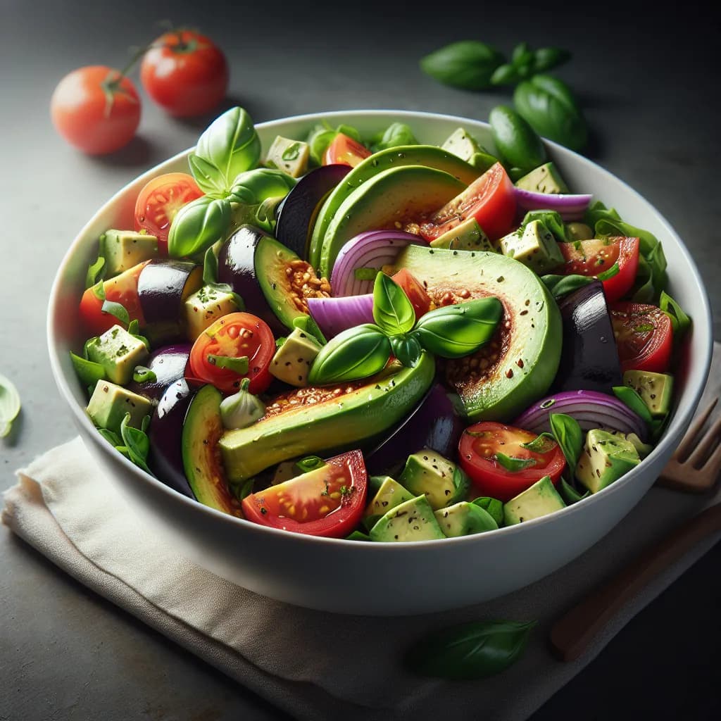 Eggplant Basil Avocado Tomato Salad