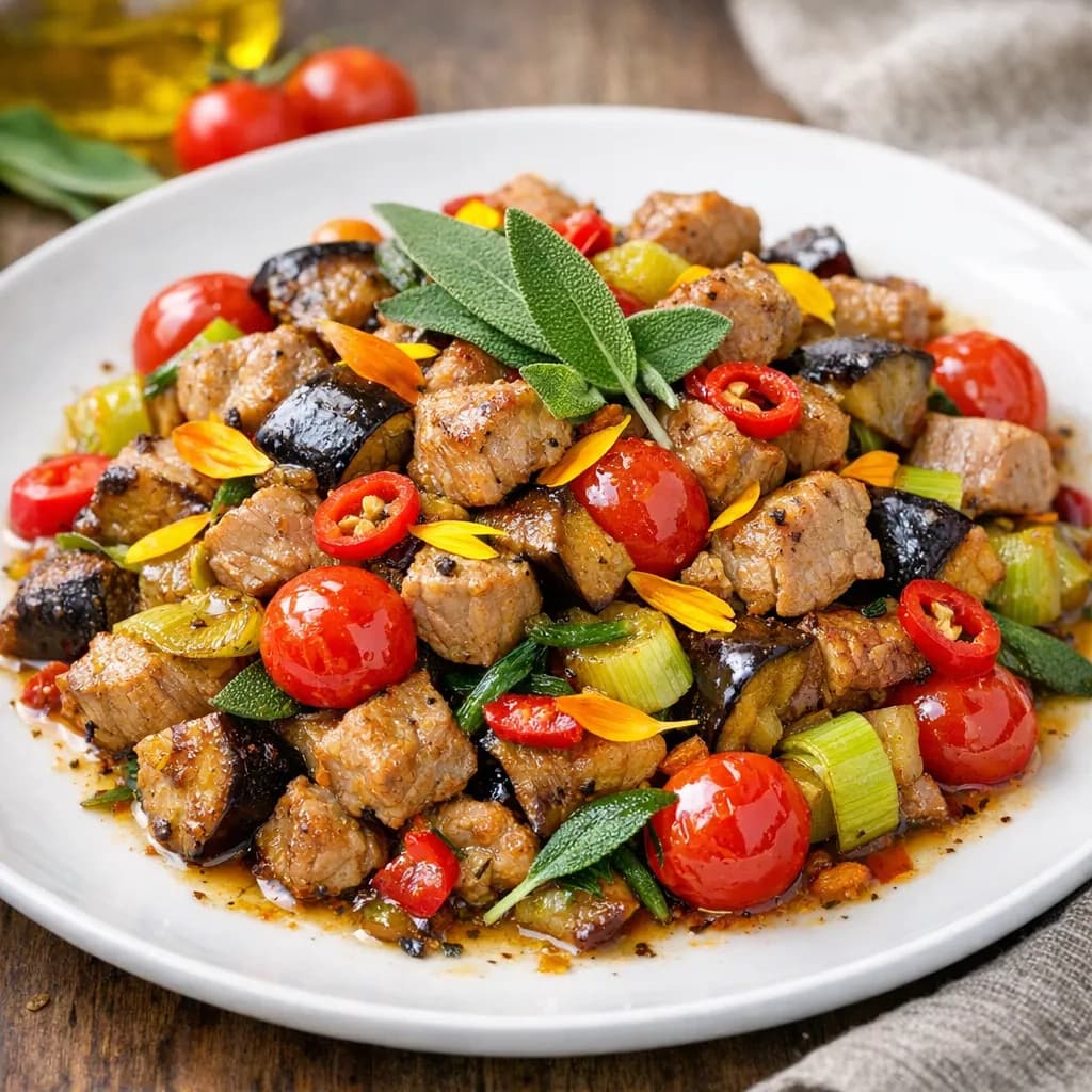 Eggplant, Pork & Tomato Sage Stir-Fry