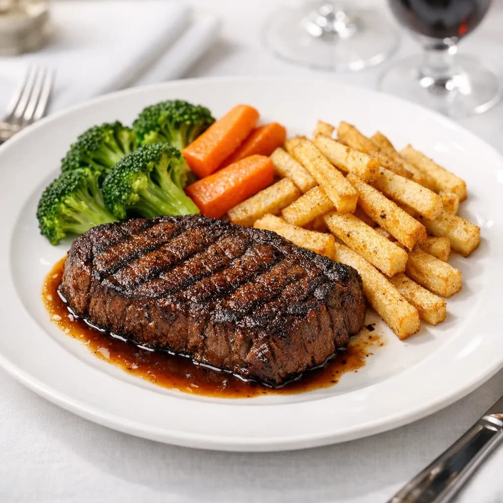 Entrecôte bien cuite, frites de céleri-rave et légumes vapeur