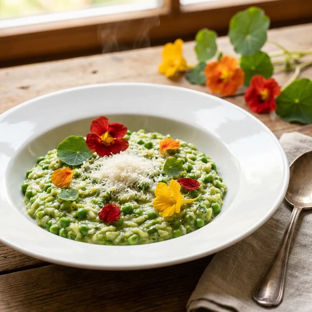 Erbsenrisotto mit Kapuzinerkresse und Parmesan