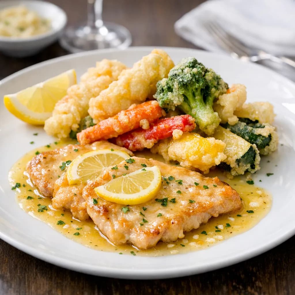 Escalope de veau au citron, légumes frits façon tempura légère