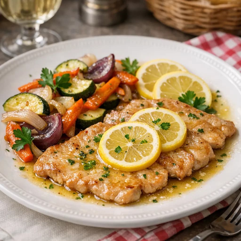Escalope de veau au citron, légumes frits légers