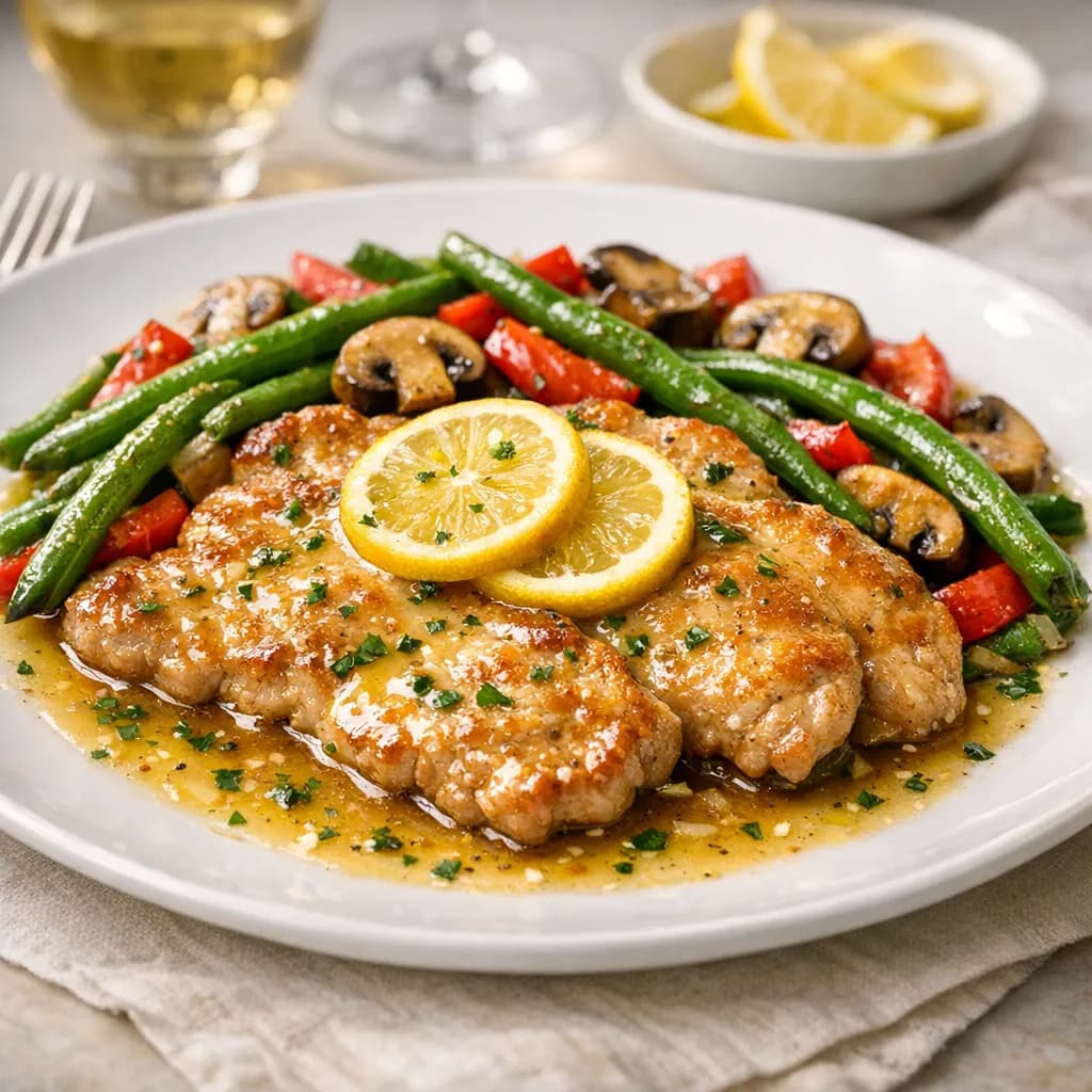 Escalope de veau au citron, poêlée de légumes croquants