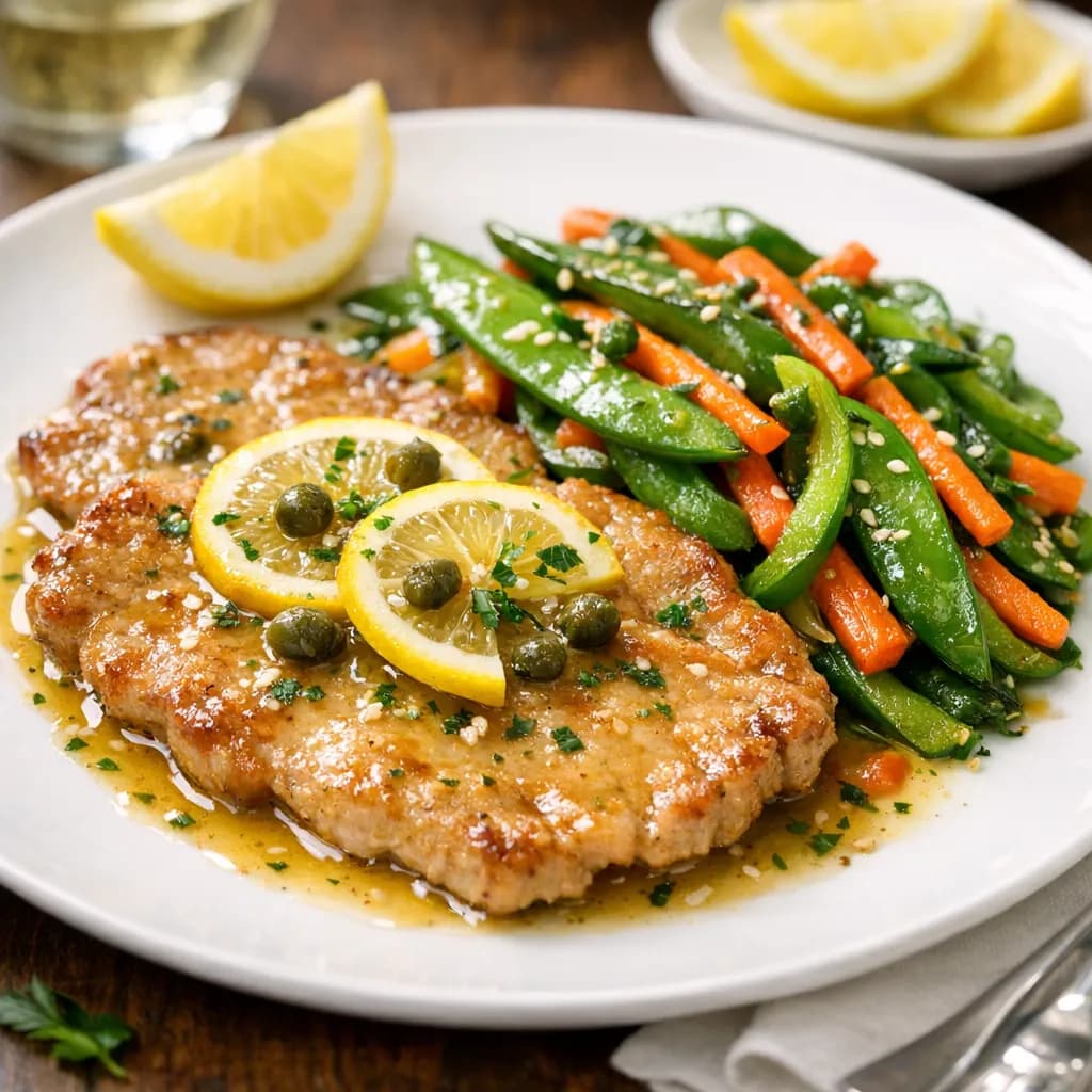Escalope de veau au citron, wok de légumes frits