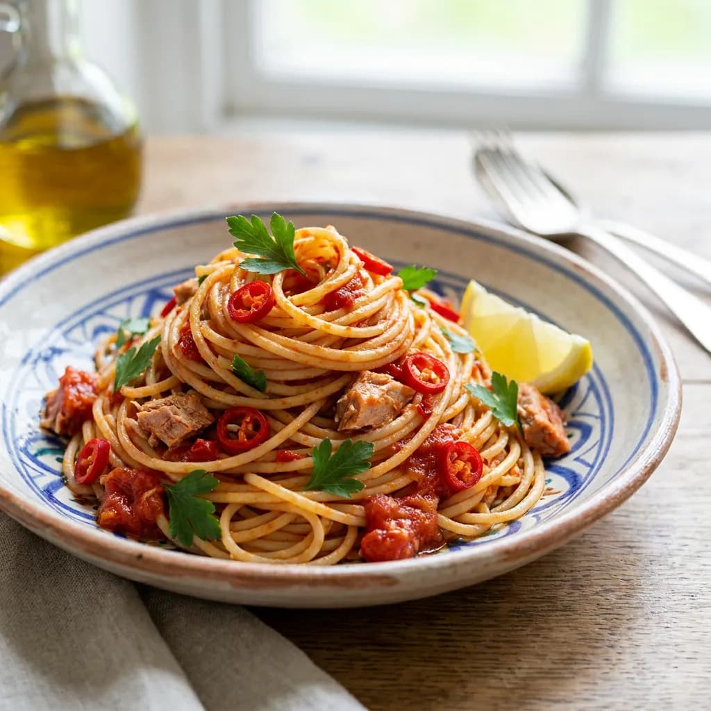 Espaguetis picantes con atún, tomate y limón