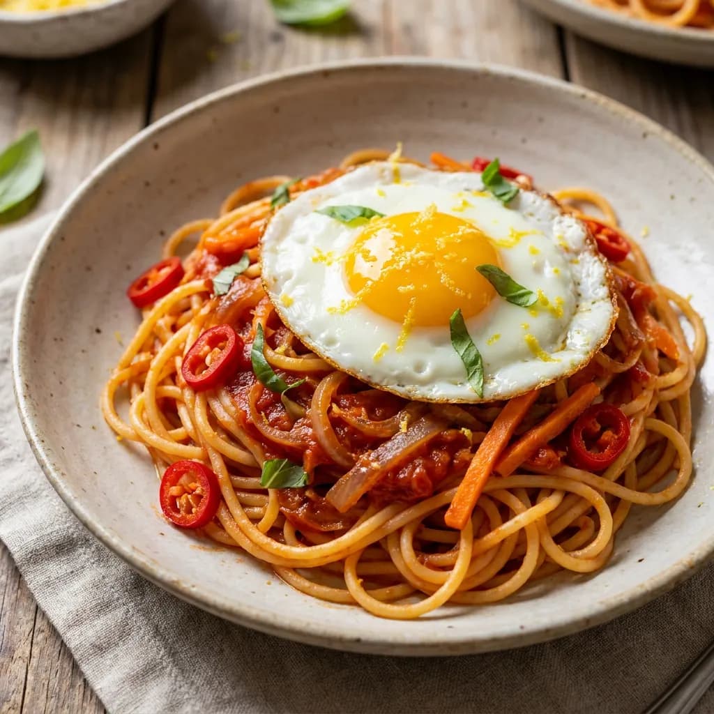 Espaguetis picantes con tomate, huevo y limón