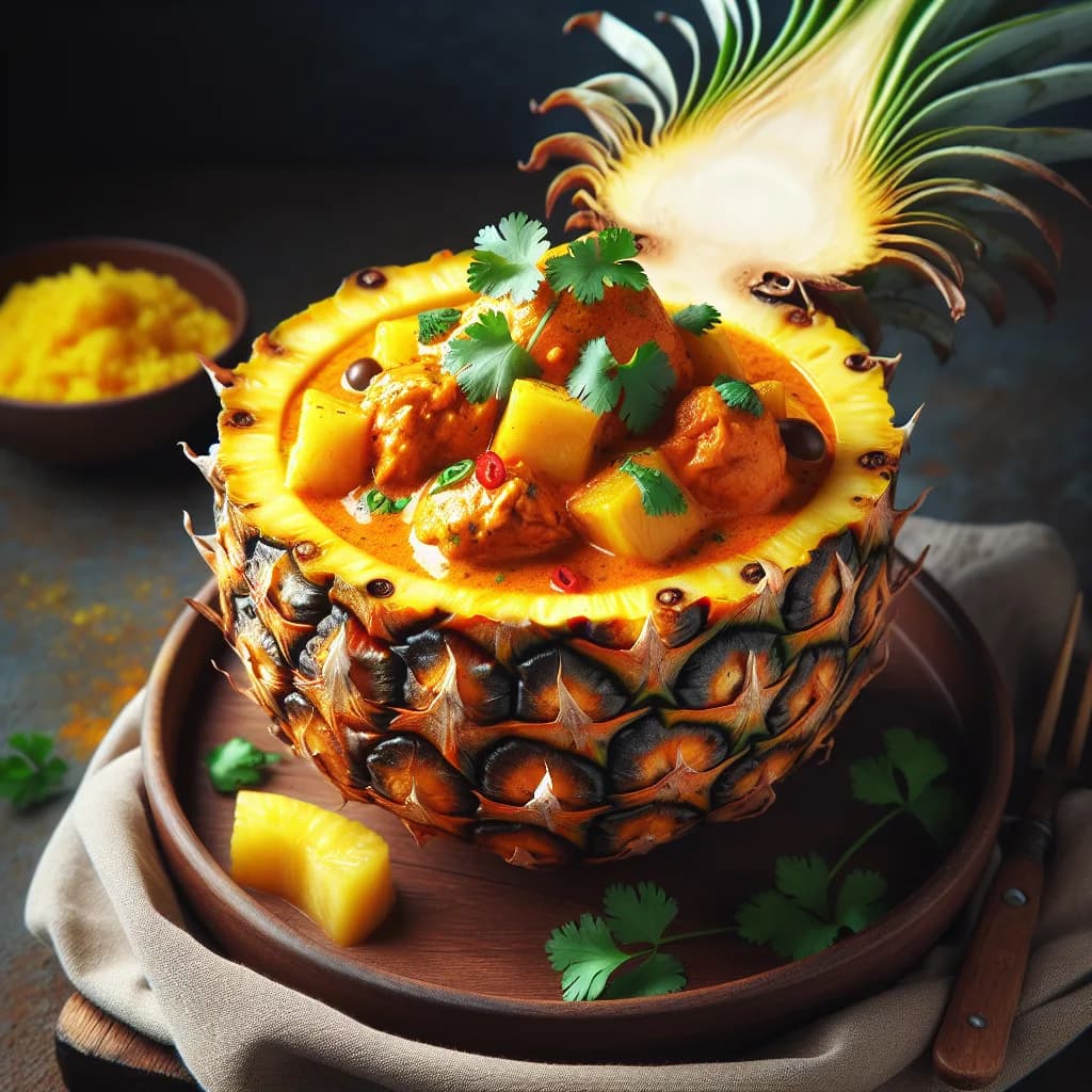 Exotisches Hühnercurry in der Ananas