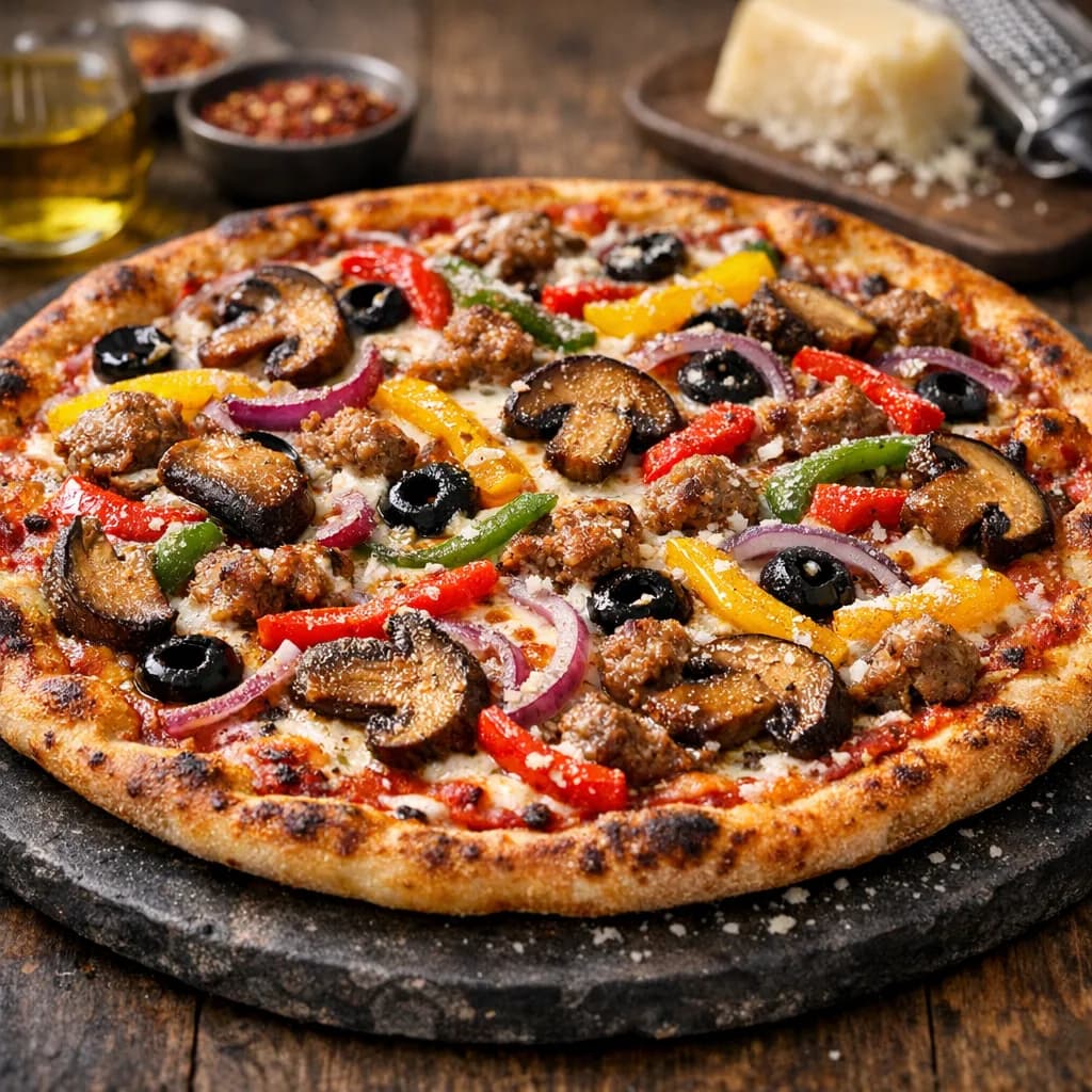 Extra Crispy New York Style Supreme Pizza with Porcini and Peppers