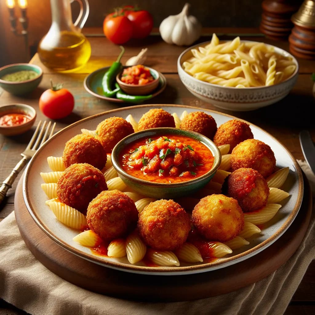 Falafel mit scharfer Tomatensauce und Pasta