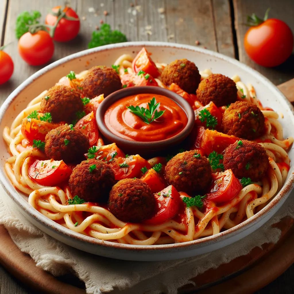 Falafel-Tomaten-Pasta mit scharfer Sauce