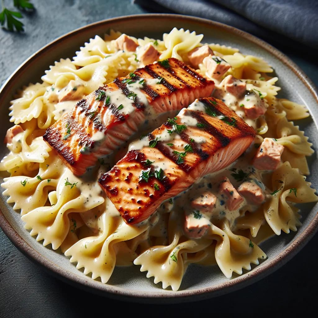 Farfalle with White Sauce and Grilled Salmon