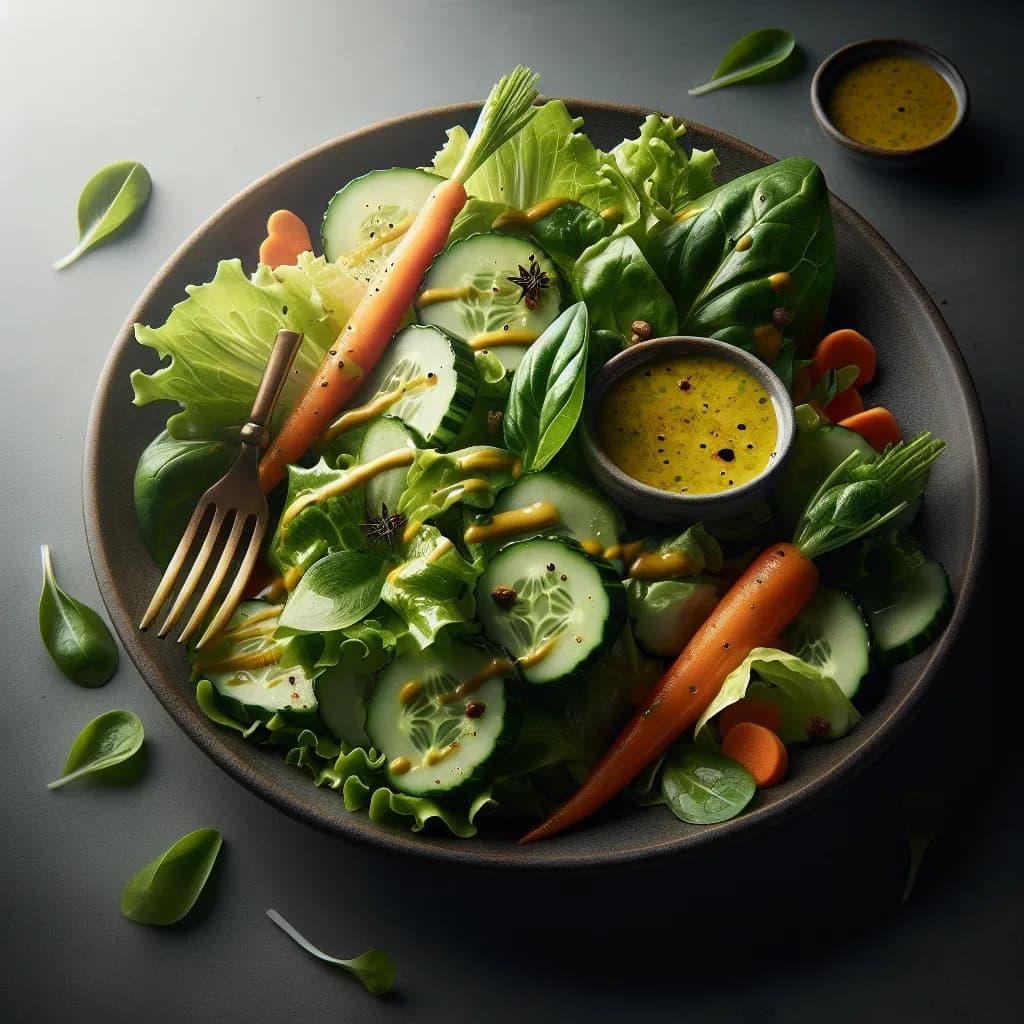 Feldsalat mit Gurke und Möhren in Senfdressing