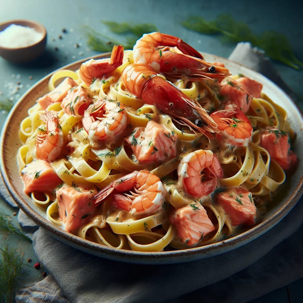 Fettuccine al Salmone e Gamberi