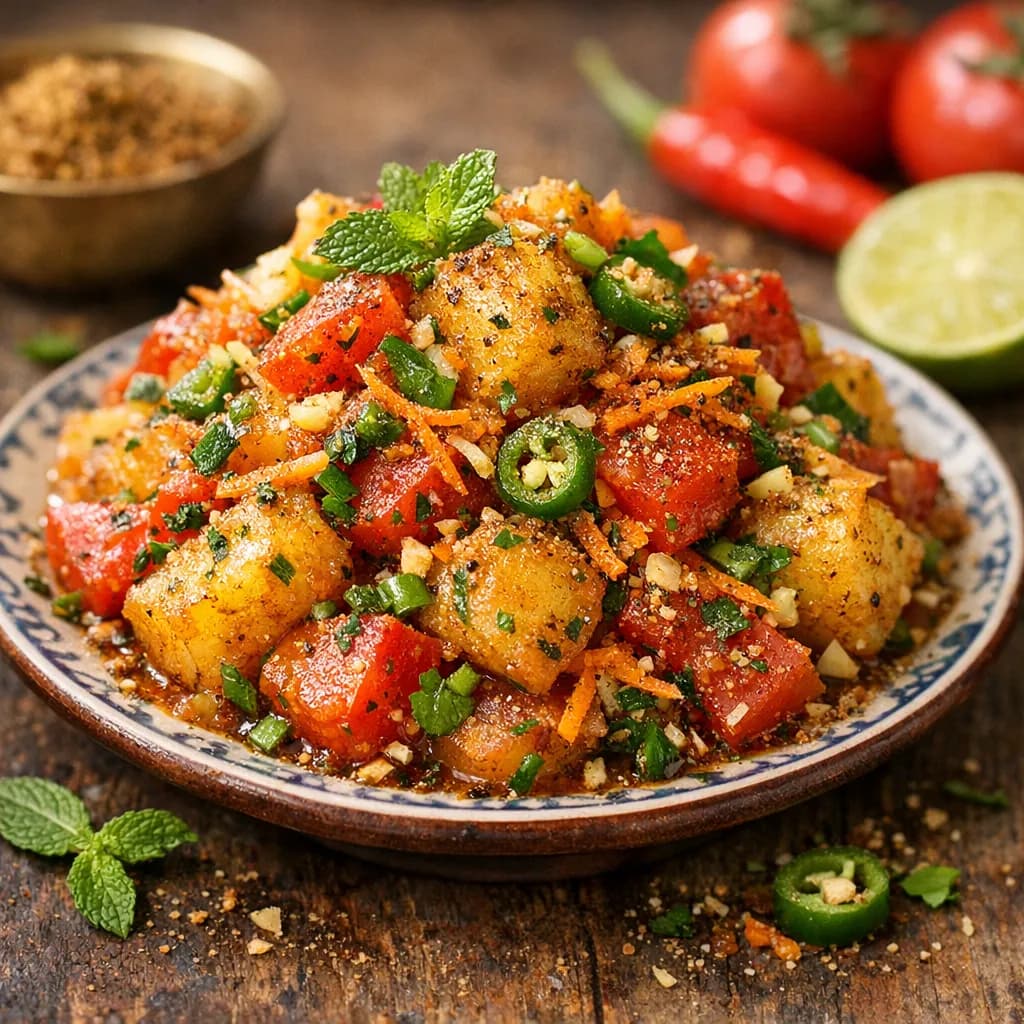 Fiery Garlic Potato & Tomato Chaat