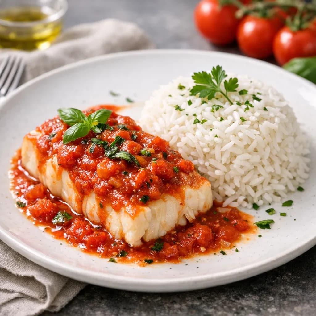 Filet de cabillaud à la tomate et riz basmati