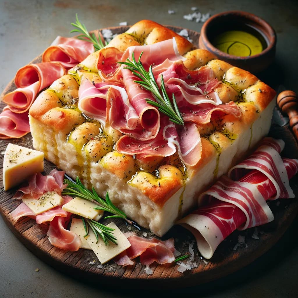 Focaccia con triplo prosciutto e formaggi piccanti