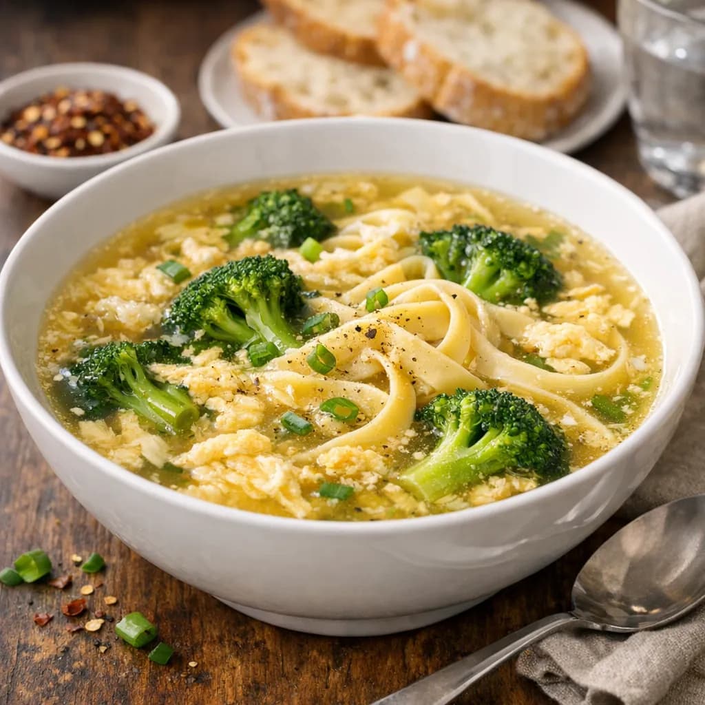 French Broccoli and Egg Drop Soup with Egg Noodles