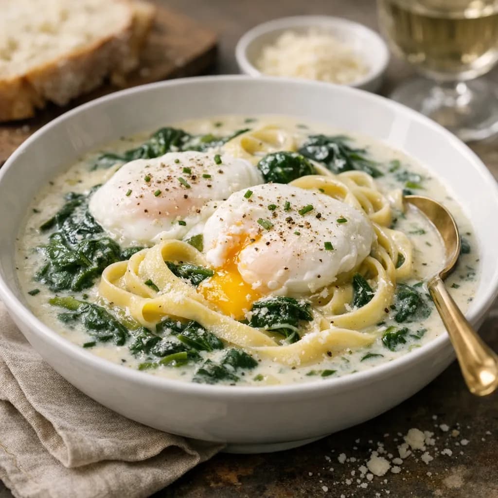 French Creamy Spinach and Egg Soup with Tagliatelle