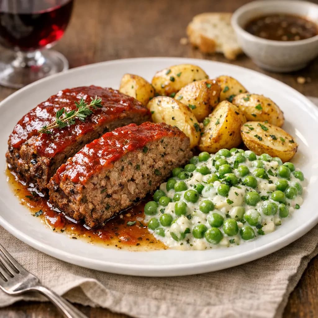 French-Style Beef Meatloaf with Herbes de Provence, Garlic Butter Potatoes, and Creamed Peas
