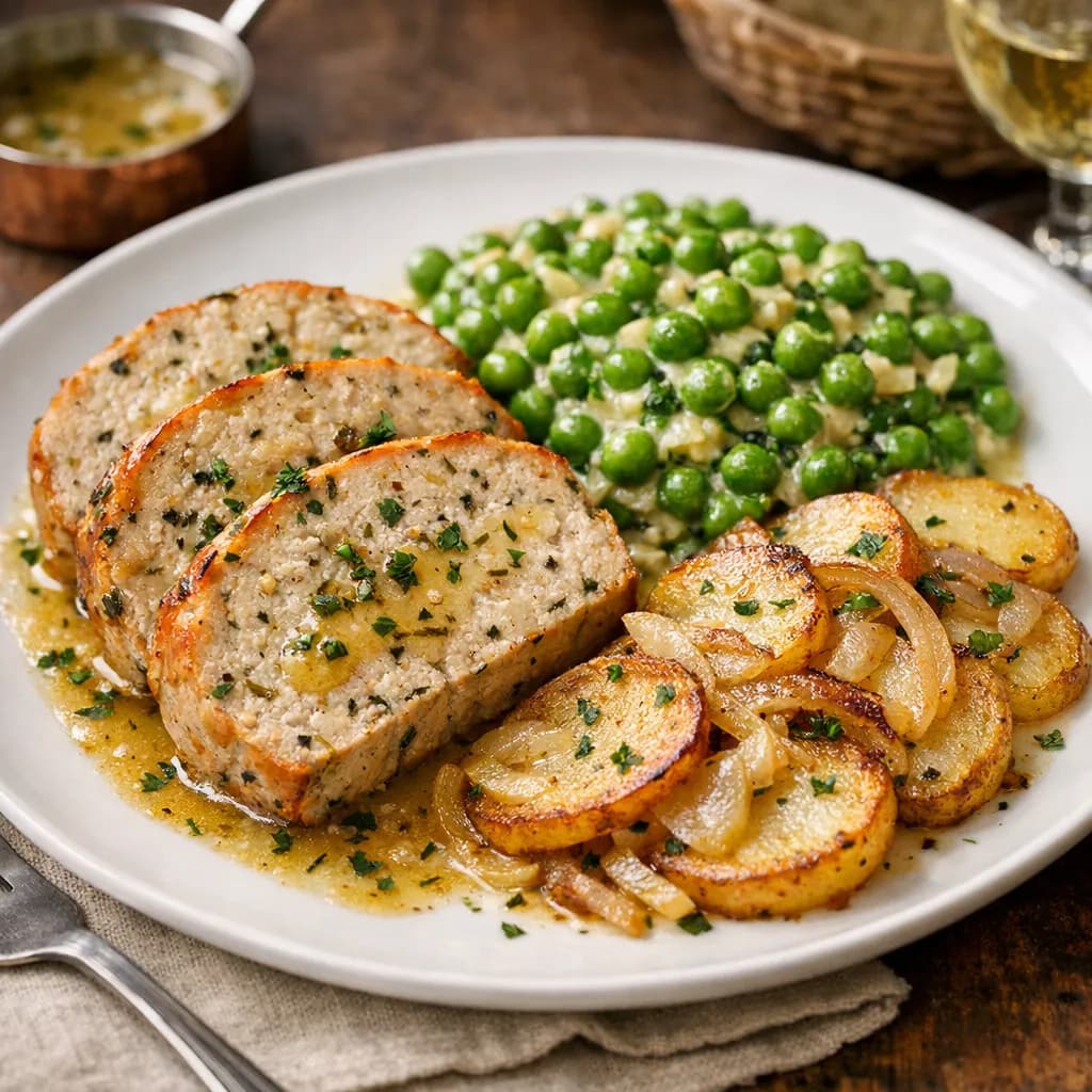 French-Style Chicken Meatloaf with Herbes de Provence, Creamy Peas, and Lyonnaise Potatoes