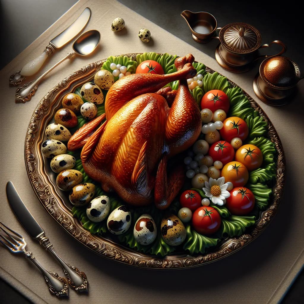 Fried Turkey with Boiled Quail Egg and Tomato Lettuce Salad