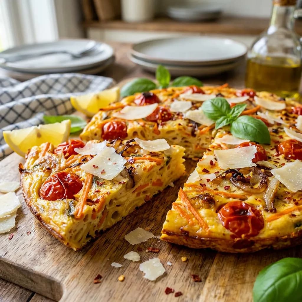 Frittata de pasta picante con tomate, zanahoria y parmesano