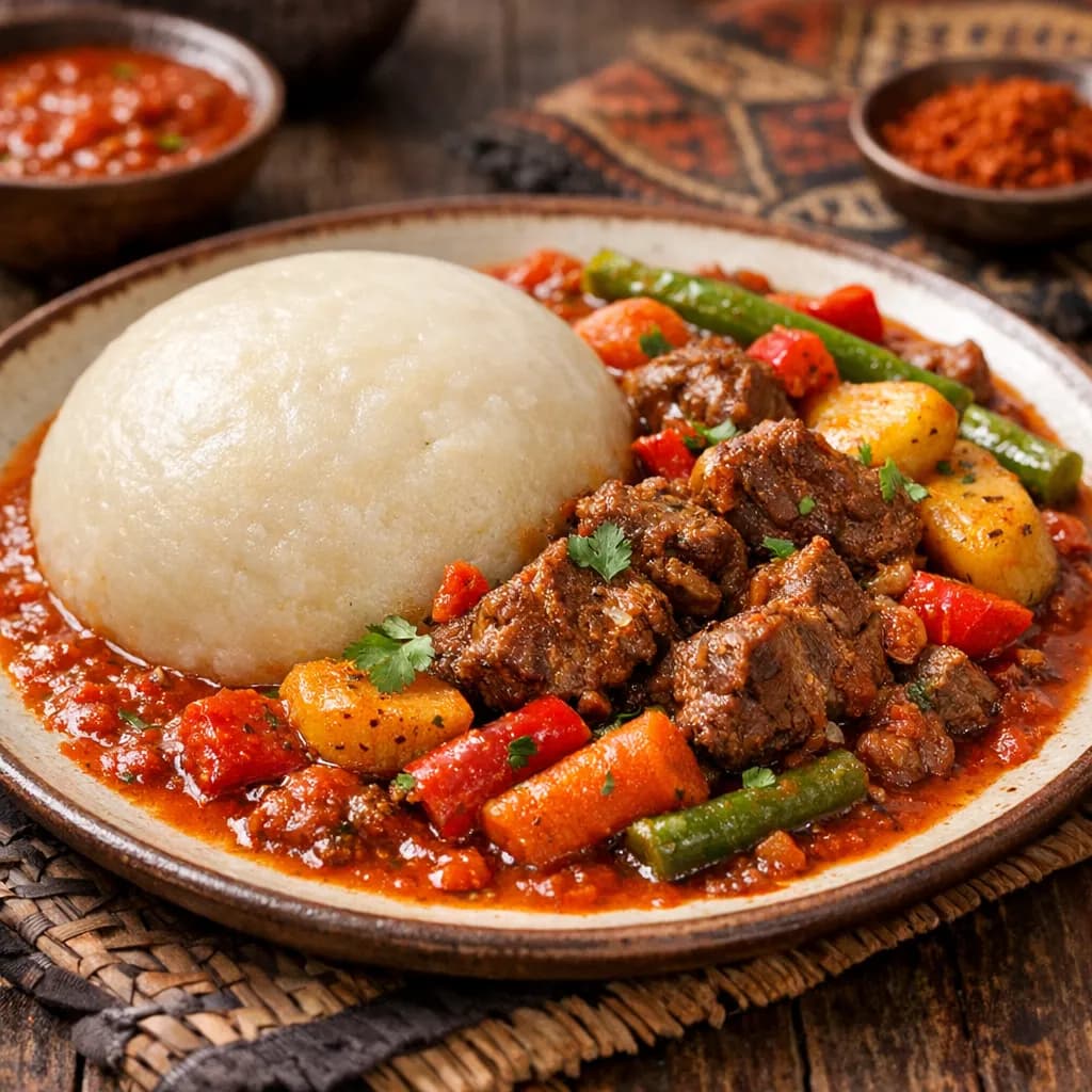 Fufu con estofado de cabra, verduras y salsa de tomate
