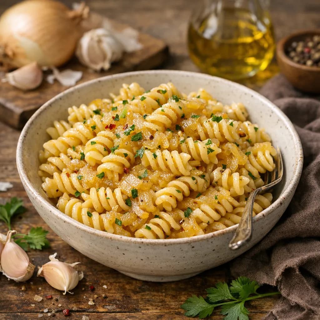 Fusilli mit Zwiebel-Knoblauch-Sauce