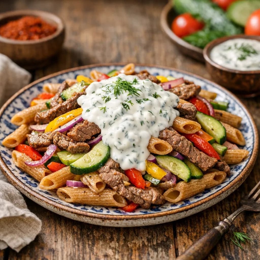 Gõsh Makaron Grunch Suv Yoğ (Uzbek-Style Beef Pasta with Crunchy Vegetables and Yogurt Sauce)