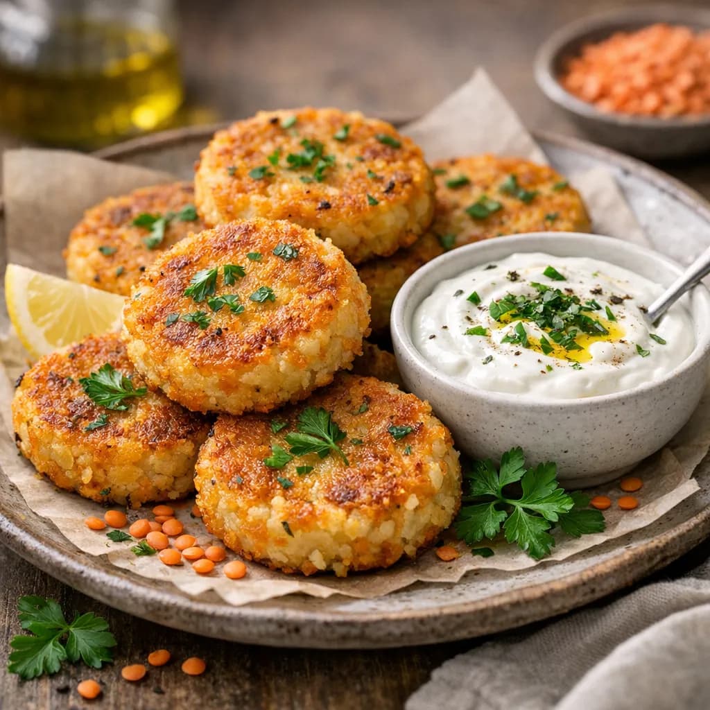 Galettes de flocons de purée et lentilles corail