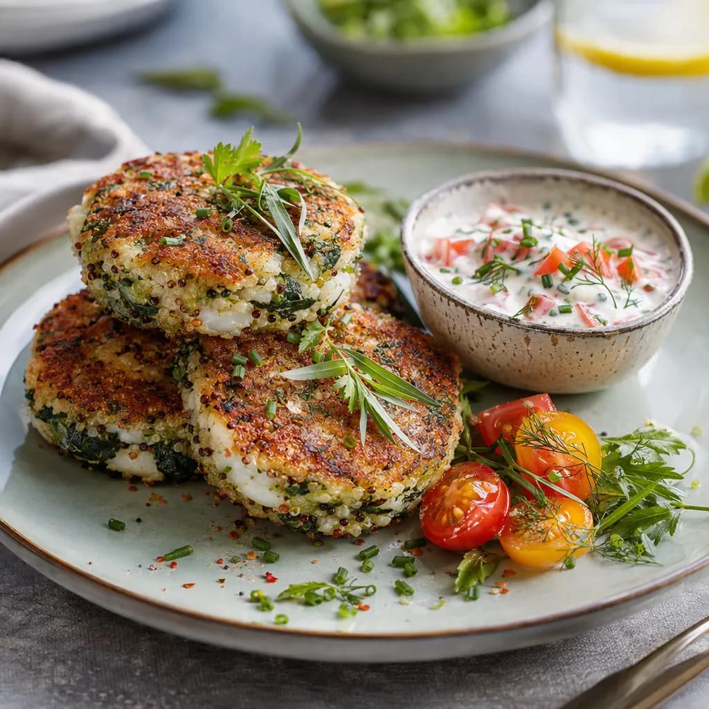 Galettes de merlu, quinoa et épinards aux fines herbes, sauce fraîche à la tomate