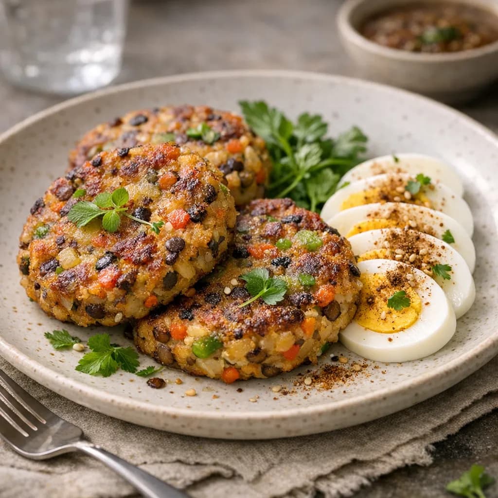 Galettes de pommes de terre et lentilles aux légumes croquants