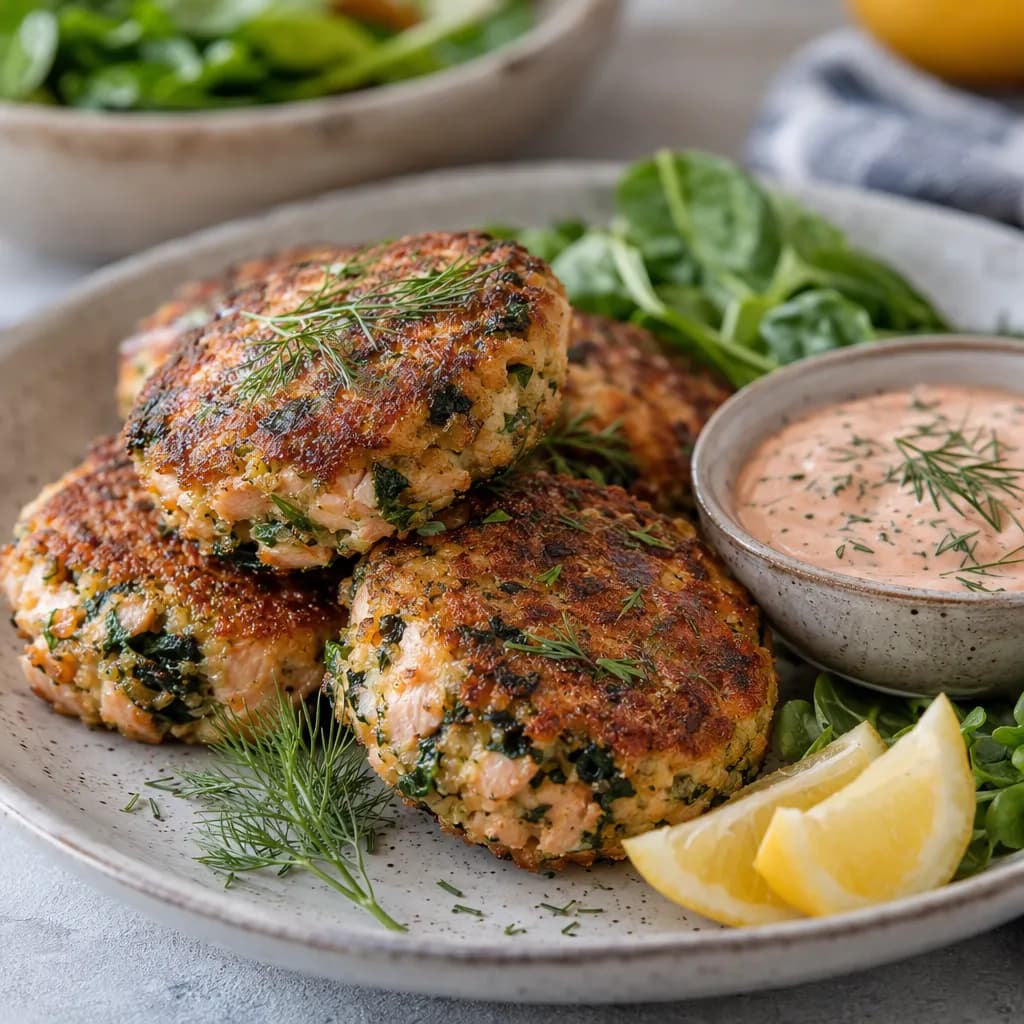 Galettes de saumon aux épinards et à l'avoine, sauce tomate au yaourt grec