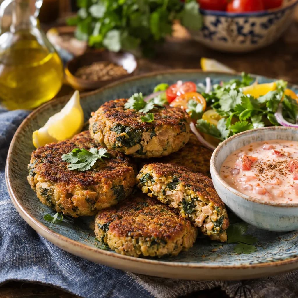 Galettes de thon et pois chiches aux épinards, sauce grecque tomatée au cumin
