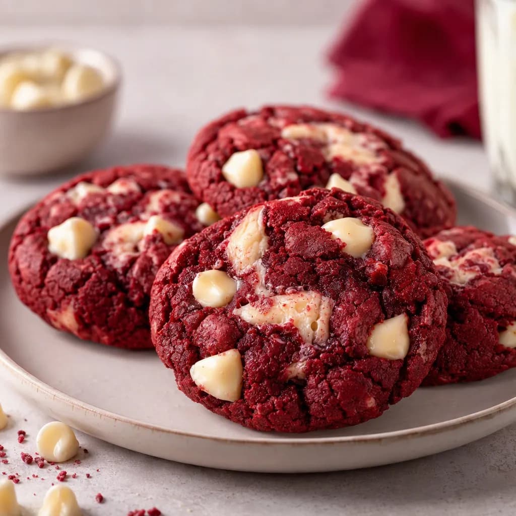 Galletas estilo Crumbl red velvet con chocolate blanco y queso crema