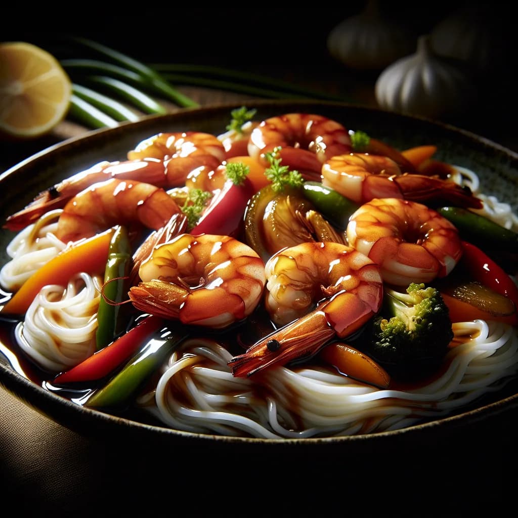 Gambas au soja et nouilles de riz