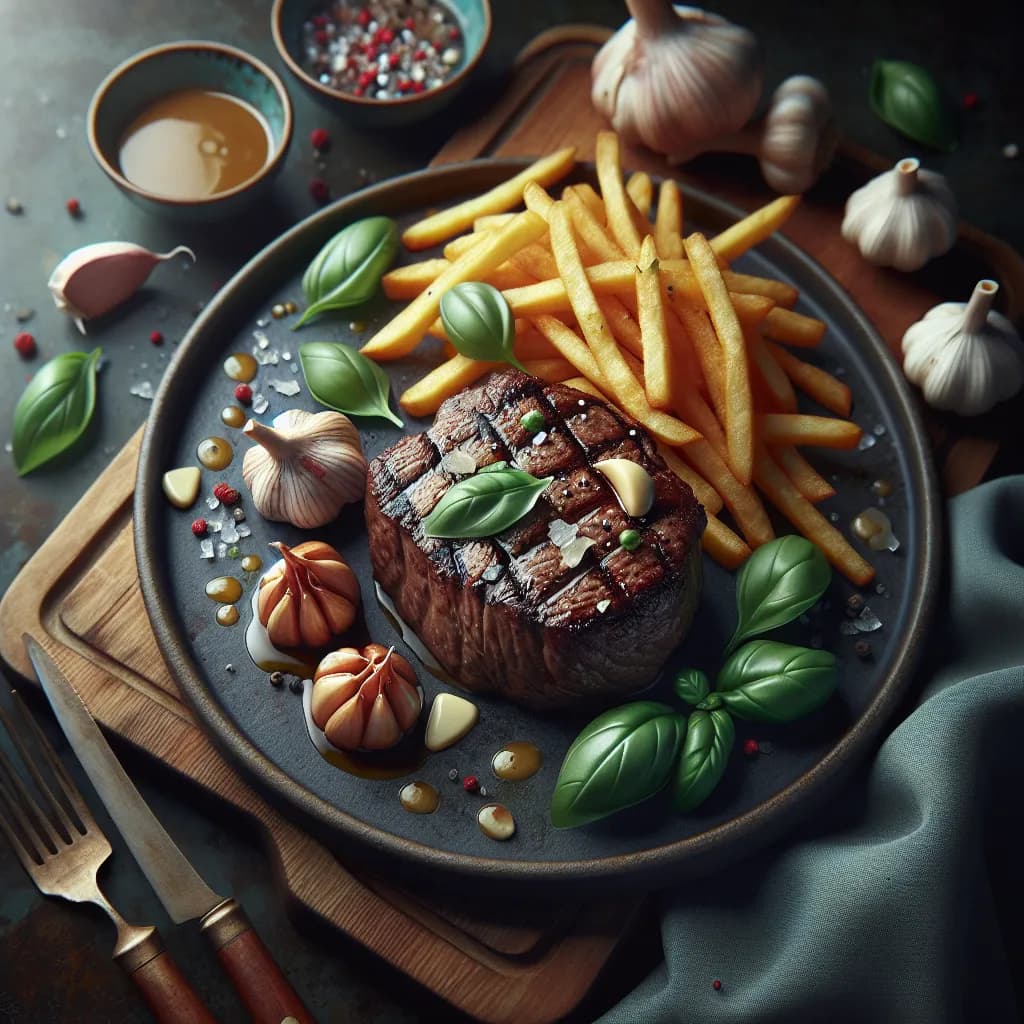 Garlic Basil Steak with French Fries