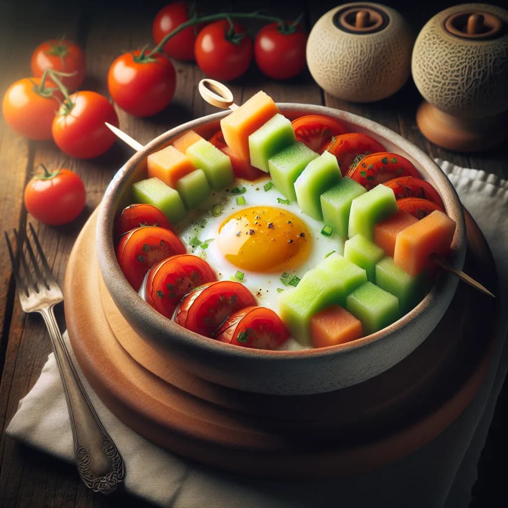 Gebackenes Ei im Tomatenbett mit Melonenspieß