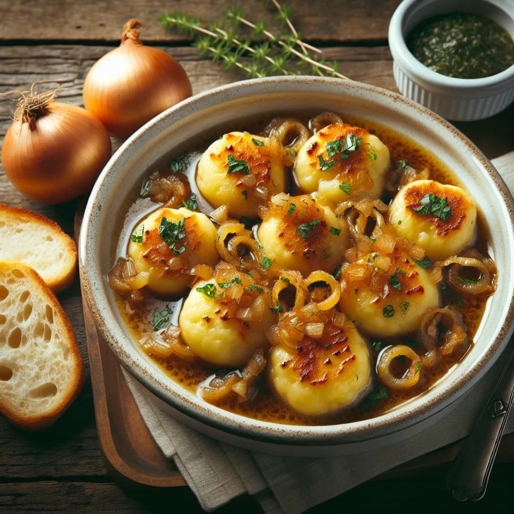 Gebratene Kartoffelklöße mit Zwiebelsoße