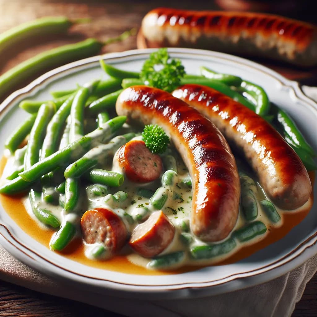 Gebratene Knackwurst mit Rahmfisolen