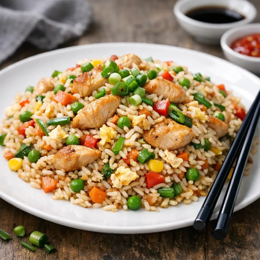 Gebratener Reis mit Gemüse und Hähnchen (Chinesischer Stil)